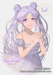 Rule 34 | 1girl, 2019, arm strap, bishoujo senshi sailor moon, breasts, cleavage, collarbone, crescent, crescent facial mark, dated, double bun, dress, earrings, facial mark, floating hair, grey background, grey dress, grin, hair bun, happy birthday, hoshimiya mery, jewelry, long hair, looking at viewer, medium breasts, own hands clasped, own hands together, princess serenity, purple eyes, silver hair, sleeveless, sleeveless dress, smile, solo, strapless, strapless dress, very long hair, watermark, web address