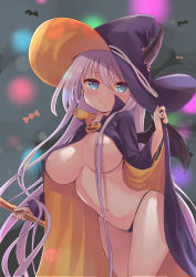 Rule 34 | 1girl, aqua eyes, areola slip, black panties, blush, breasts, cape, closed mouth, commentary request, covered erect nipples, hair censor, hair over breasts, halloween, hat, highres, large breasts, long hair, long sleeves, looking at viewer, navel, no bra, original, panties, purple hair, simple background, smile, solo, staff, tenjou ryuka, underwear, very long hair, witch hat