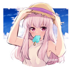 Rule 34 | 1girl, alternate costume, fire emblem, fire emblem: three houses, food, hands on headwear, hat, long hair, lowres, lysithea von ordelia, naho (pi988y), nintendo, pink eyes, popsicle, solo, straw hat, twitter username, upper body, white hair
