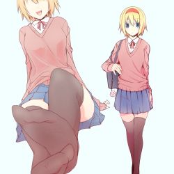 Rule 34 | 1girl, alice margatroid, alternate costume, bag, blonde hair, blue background, blue eyes, blue skirt, brown thighhighs, collared shirt, commentary request, contemporary, hair between eyes, hairband, hand on own thigh, highres, long sleeves, looking at viewer, multiple views, neck ribbon, nirap, no shoes, open mouth, pleated skirt, red hairband, red ribbon, ribbon, satchel, school uniform, shirt, simple background, sitting, skirt, soles, standing, thigh gap, thighhighs, tongue, tongue out, touhou, walking, white shirt, zettai ryouiki