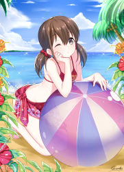 Rule 34 | 10s, 1girl, absurdres, ball, beach, beachball, blue sky, brown eyes, brown hair, cloud, cloudy sky, day, floral print, flower, gendo0032, gendo0033, hibiscus, highres, horizon, katayama minami, long hair, looking at viewer, ocean, one eye closed, outdoors, sitting, sky, solo, swimsuit, twintails, wake up girls!