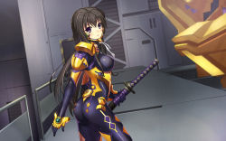 Rule 34 | 1girl, armor, ass, black hair, bodysuit, breasts, dance of eternity, fortified suit, gold armor, gold trim, highres, katana, long hair, looking back, medium breasts, muv-luv, muv-luv alternative, muv-luv total eclipse, open mouth, pilot suit, purple eyes, shiny clothes, solo, sword, takamura yui, twist, weapon