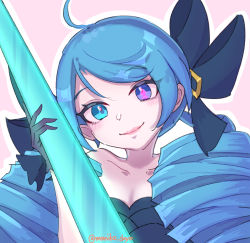 Rule 34 | 1girl, ahoge, bare shoulders, blue eyes, blue hair, blush, breasts, cleavage, closed mouth, collarbone, drill hair, eyes visible through hair, gloves, glowing, glowing weapon, grey gloves, gwen (league of legends), heterochromia, highres, league of legends, long hair, momikodayo, outline, pink background, purple eyes, simple background, smile, solo, twintails, twitter username, upper body, weapon, white outline
