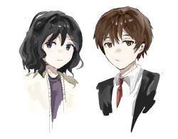 Rule 34 | 1boy, 1girl, black eyes, black hair, black jacket, brown eyes, brown hair, caomei dangao, cardigan, chinese commentary, closed mouth, collared shirt, commentary request, highres, jabuchi you, jacket, necktie, open cardigan, open clothes, open jacket, red necktie, saibou shinkyoku, shirt, simple background, smile, white background, white shirt, yanagi nina, yellow cardigan