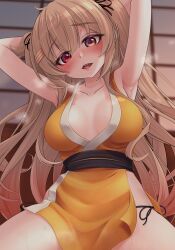 Rule 34 | 1girl, absurdres, alternate costume, arms behind head, breasts, brown eyes, collarbone, heterochromia, highres, japanese clothes, kantai collection, kimono, large breasts, light brown hair, makura (y makura), murasame (kancolle), murasame kai ni (kancolle), ninja, red eyes, shouji, sleeveless, sliding doors, solo, two side up, yellow kimono