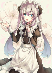 Rule 34 | 1girl, :d, apron, bad id, bad pixiv id, black ribbon, black shirt, black skirt, blue eyes, dress, fate/grand order, fate (series), flower, hair between eyes, highres, index finger raised, lily (flower), long dress, long hair, long skirt, maid, maid headdress, marie antoinette (animejapan 2016) (fate), marie antoinette (fate), neck ribbon, official alternate costume, open mouth, ranmaruuuu00, ribbon, shirt, silver hair, skirt, smile, solo, standing, twintails, very long hair, white apron, white flower