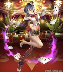 Rule 34 | 1girl, absurdres, bare shoulders, beatrice (valkyrie connect), black legwear, breasts, casino card table, cleavage, commentary request, copyright name, full body, green eyes, grey hair, highres, holding, indoors, lips, looking at viewer, medium breasts, midriff, miniskirt, navel, necktie, official art, parted lips, plant, poker chip, red necktie, short hair, skirt, smile, solo, table, teffish, valkyrie connect