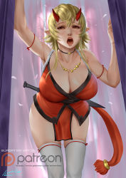 Rule 34 | 1girl, ariverkao, blonde hair, breasts, brown eyes, choker, cleavage, dated, hair between eyes, horns, huge breasts, jewelry, large breasts, leaning forward, looking at viewer, necklace, open mouth, original, patreon logo, pointy ears, short hair, signature, solo, thighhighs, weapon, white thighhighs
