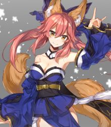 Rule 34 | 10s, 1girl, \m/, animal ears, bad id, bad pixiv id, bare shoulders, bow, breasts, chocoan, cleavage, collarbone, detached sleeves, fate/extra, fate (series), fox ears, fox shadow puppet, fox tail, gold trim, grey background, hair bow, hair ribbon, japanese clothes, large breasts, long hair, pink hair, ribbon, simple background, solo, tail, tamamo (fate), tamamo no mae (fate/extra), twintails, yellow eyes
