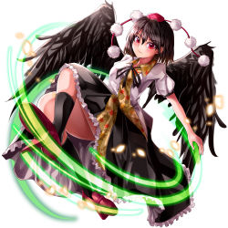 Rule 34 | 1girl, absurdres, black hair, black ribbon, black skirt, black socks, black wings, blouse, breasts, collared shirt, commentary request, eyebrows hidden by hair, feathered wings, frilled skirt, frills, full body, geta, hair between eyes, hat, head tilt, highres, kneehighs, leaf print, looking at viewer, mahoro (minase mahoro), neck ribbon, pom pom (clothes), print shirt, print skirt, puffy short sleeves, puffy sleeves, red eyes, red footwear, red hat, ribbon, shameimaru aya, shirt, short hair, short sleeves, skirt, small breasts, socks, solo, tokin hat, touhou, white shirt, wings