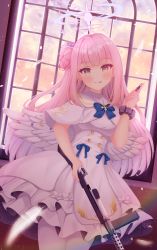 Rule 34 | 1girl, :p, absurdres, angel wings, arashiomoto, blue archive, blue ribbon, blush, breasts, capelet, cowboy shot, dress, dutch angle, falling feathers, feathers, flower, frilled dress, frills, gun, hair bun, hair flower, hair ornament, halo, highres, holding, holding gun, holding weapon, lanchester smg, long hair, looking at viewer, mika (blue archive), pantyhose, pink hair, ribbon, scrunchie, single side bun, smile, solo, submachine gun, tongue, tongue out, weapon, white capelet, white dress, white feathers, white pantyhose, white wings, window, wings, wrist scrunchie, yellow eyes