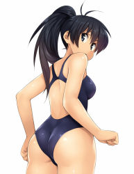 Rule 34 | 1girl, antenna hair, arms at sides, artist request, ass, back, bare arms, bare shoulders, black hair, black one-piece swimsuit, blue eyes, breasts, competition swimsuit, cowboy shot, from behind, from below, ganaha hibiki, idolmaster, idolmaster (classic), looking back, looking down, one-piece swimsuit, ponytail, school swimsuit, simple background, small breasts, solo, swimsuit, thighs, torii yoshitsuna, white background