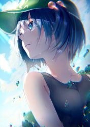 Rule 34 | 1girl, absurdres, bare shoulders, black shirt, blue eyes, blue hair, chromatic aberration, cloud, colored eyelashes, commentary request, day, dripping, dutch angle, flat cap, from below, green hat, hair bobbles, hair ornament, hat, highres, hitodama print, kawashiro nitori, light blush, light rays, looking to the side, neck, outdoors, parted lips, rei (farta litia), shirt, short hair, short twintails, sidelighting, sidelocks, solo, tank top, touhou, twintails, two side up, upper body, water, water drop, wet, wet face, wet hair