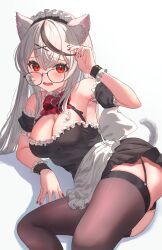 Rule 34 | 1girl, 339 akano, alternate costume, animal ear fluff, animal ears, apron, black dress, black hair, black panties, black thighhighs, blush, bow, bowtie, breasts, cat ears, cat girl, cat tail, cleavage, commentary request, crooked eyewear, dress, enmaided, fang, fingernails, garter straps, glasses, grey hair, hair between eyes, hair ornament, highres, hololive, kemonomimi mode, large breasts, long hair, looking at viewer, lying, maid, maid headdress, multicolored hair, nail polish, on side, open mouth, panties, red bow, red bowtie, red eyes, red nails, sakamata chloe, shadow, simple background, skin fang, solo, streaked hair, tail, tearing up, thighhighs, underwear, virtual youtuber, waist apron, white apron, white background, wristband, x hair ornament