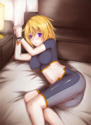 1girl ass blonde_hair bound bound_wrists breasts charlotte_dunois infinite_stratos navel nonoririn on_bed pilot_suit purple_eyes solo