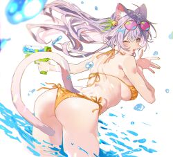 Rule 34 | 1girl, absurdres, ahoge, animal ear fluff, animal ears, ass, bare arms, bare shoulders, bell, bent over, bikini, blush, breasts, cat ears, cat girl, cat tail, eyewear on head, from behind, hair bell, hair ornament, highres, jingle bell, large breasts, long hair, looking at viewer, looking back, open mouth, original, shimofuri, simple background, smile, solo, sunglasses, swimsuit, tail, thighs, wading, water, water gun, white background, yellow bikini, yellow eyes, yellow nails