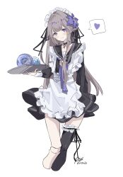 Rule 34 | 1girl, absurdres, black choker, blush, brown hair, choker, doll joints, flower, hair flower, hair intakes, hair ornament, heart, herta (honkai: star rail), highres, holding, holding tray, honkai: star rail, honkai (series), jewelry, joints, key, key necklace, light smile, long hair, looking at viewer, maid, maid headdress, necklace, orb, purple eyes, ren (renjiyu), signature, simple background, single thighhigh, solo, speech bubble, spoken heart, thighhighs, tray, white background