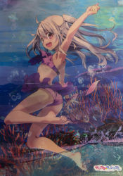 Rule 34 | 1girl, :d, absurdres, ahoge, bikini, color issue, copyright name, coral, fate/kaleid liner prisma illya, fate (series), from side, highres, hiroyama hiroshi, illyasviel von einzbern, long hair, not for sale, official art, open mouth, purple bikini, red eyes, scan, smile, swimsuit, white hair