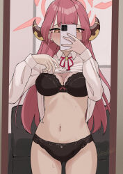 Rule 34 | 1girl, absurdres, aru (blue archive), blue archive, blush, bra, breasts, brown eyes, cellphone, clothes lift, collared shirt, covering own mouth, halo, highres, holding, holding phone, horns, large breasts, long hair, long sleeves, masami atabe, mirror, navel, neck ribbon, panties, phone, pink hair, ribbon, selfie, shirt, shirt lift, smartphone, solo, sweat, underwear, very long hair