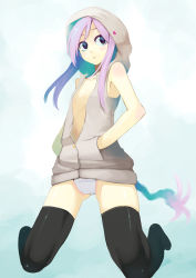 Rule 34 | 00s, black thighhighs, flat chest, hands in pockets, hood, hoodie, kneeling, koiso shuuhei, long hair, lucy maria misora, open clothes, open shirt, panties, pink hair, shirt, solo, tail, thighhighs, to heart (series), to heart 2, underwear, white panties