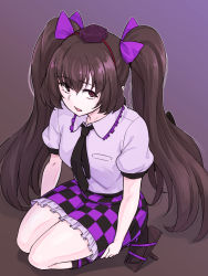 Rule 34 | 1girl, black necktie, black socks, bow, brown eyes, brown footwear, brown hair, checkered clothes, checkered skirt, collarbone, frilled shirt collar, frilled skirt, frills, geta, gradient background, hair bow, hands on own legs, hat, highres, himekaidou hatate, kakone, long hair, looking at viewer, necktie, open mouth, puffy short sleeves, puffy sleeves, purple bow, purple hat, purple shirt, seiza, shirt, short sleeves, simple background, sitting, skirt, socks, solo, tengu-geta, tokin hat, touhou, twintails, two side up