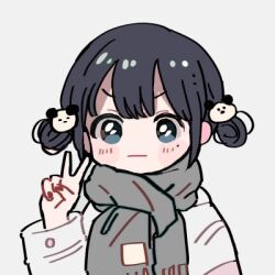 Rule 34 | &gt;:|, 1girl, arm up, black hair, blush, center-flap bangs, commentary, double bun, green scarf, hair bun, hair ornament, long sleeves, looking at viewer, lowres, maple (abc2215), nail polish, original, panda hair ornament, red nails, scarf, simple background, solo, upper body, v