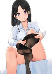 Rule 34 | 1girl, anti (0324), bare legs, bed sheet, black hair, black pantyhose, blush, breasts, closed mouth, collarbone, collared shirt, dressing, earrings, feet, foot focus, foreshortening, jewelry, leg up, long sleeves, looking at viewer, medium breasts, mole, mole under eye, mole under mouth, on bed, original, panties, pantyhose, parted bangs, pink panties, purple eyes, shirt, simple background, sitting, smile, soles, solo, stud earrings, underwear, white background, white shirt