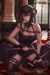 Rule 34 | 1girl, bare shoulders, black dress, black footwear, black gloves, boots, breasts, dagger, dress, dual wielding, earrings, fingerless gloves, gloves, hairband, high heels, holding, holding dagger, holding knife, holding weapon, hybridmink, jewelry, knife, parted lips, red eyes, short dress, short hair, short hair with long locks, solo, spy x family, squatting, tailcoat, thigh boots, weapon, yellow hairband, yor briar