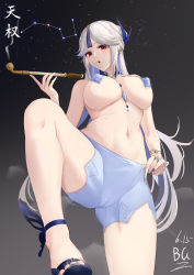 Rule 34 | 1girl, :o, baige0, bare shoulders, between breasts, blue footwear, blue nails, bracelet, breasts, butterfly ornament, cameltoe, choker, claw ring, constellation, covered erect nipples, earrings, genshin impact, hair ornament, hair ribbon, hair tassel, high heels, highres, holding, holding smoking pipe, jewelry, kiseru, knee up, large breasts, long hair, looking at viewer, nail polish, navel, necklace, night, night sky, ningguang (genshin impact), ningguang (orchid&#039;s evening gown) (genshin impact), official alternate costume, parted bangs, pasties, red eyes, ribbon, ring, short shorts, shorts, signature, sky, smoking pipe, solo, tassel, tassel hair ornament, thighs, white hair, white shorts
