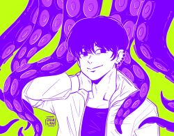 Rule 34 | 1boy, artist name, chainsaw man, ear piercing, green background, highres, jacket, looking at viewer, male focus, mole, mole under mouth, multiple piercings, octopus devil (chainsaw man), osulan, piercing, purple hair, purple outline, purple shirt, purple theme, shirt, short hair, simple background, smile, tentacles, white jacket, yoshida hirofumi