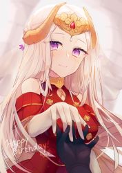 Rule 34 | 1girl, aftergardens, black gloves, closed mouth, dated, edelgard von hresvelg, fire emblem, fire emblem: three houses, gloves, hair down, holding hands, happy birthday, headpiece, highres, horns, long hair, nintendo, purple eyes, smile, solo focus, white gloves, white hair