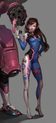 Rule 34 | 1girl, absurdres, arm cannon, armor, blush, bodysuit, boots, breasts, brown eyes, brown hair, contrapposto, covered navel, d.va (overwatch), damaged, facial mark, full body, gatling gun, gloves, grey background, gun, hand on own hip, handgun, headphones, high collar, highres, holding, holding gun, holding weapon, light smile, lipgloss, lips, logo, long hair, looking at viewer, mecha, meka (overwatch), midfinger, one eye closed, overwatch, overwatch 1, pilot, pilot suit, realistic, robot, science fiction, scratched paint, skin tight, small breasts, solo, standing, swept bangs, weapon, whisker markings, white footwear, white gloves