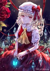 Rule 34 | 1girl, ascot, blonde hair, collared shirt, crystal, drill hair, flandre scarlet, flower, frilled shirt collar, frilled sleeves, frills, hat, highres, lamp, mob cap, one side up, puffy short sleeves, puffy sleeves, red eyes, red skirt, red vest, rose, shirt, short hair, short sleeves, skirt, skirt set, slit pupils, solo, suzushina, touhou, vest, white hat, white shirt, wrist cuffs, yellow ascot