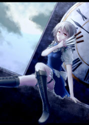 Rule 34 | 1girl, apron, arm support, between fingers, boots, bow, braid, clock, cloud, cloudy sky, cross-laced footwear, dutch angle, expressionless, frilled skirt, frills, hair bow, holding, holding knife, izayoi sakuya, knee boots, knife, knives between fingers, letterboxed, looking at viewer, maid headdress, md5 mismatch, nuka (nvkka), nvkka, outdoors, parted lips, red eyes, roman numeral, short hair, short sleeves, silver hair, sitting, skirt, skirt set, sky, solo, thighs, touhou, twin braids, waist apron