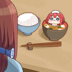 Rule 34 | 2girls, :3, akino ell, blue eyes, blue jacket, blush stickers, bowl, brown hair, chibi, chopsticks, closed mouth, food, food on head, go-toubun no hanayome, hair ornament, headphones, headphones around neck, in food, jacket, long hair, mini person, minigirl, miso soup, multiple girls, nakano itsuki, nakano miku, nude, object on head, partially submerged, red hair, rice, rice bowl, siblings, sisters, star (symbol), star hair ornament