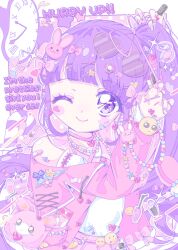 Rule 34 | 1girl, absurdres, arm up, bandaid, bandaid on arm, bead bracelet, bead necklace, beads, blunt bangs, bow, bracelet, bug, butterfly, candy, choker, clock, closed mouth, commentary request, decora, emoji, english text, food, hair bow, hair ornament, hair ribbon, hand up, heart, heart choker, heart hair ornament, highres, insect, jacket, jewelry, lollipop hair ornament, long hair, long sleeves, looking at viewer, manaka non, milon cas, nail polish, nail polish bottle, necklace, one eye closed, pacifier, pastel colors, pill hair ornament, pink bow, pink choker, pink jacket, pink ribbon, pleading face emoji, pretty series, pripara, priticket, purple eyes, purple hair, rabbit hair ornament, retro artstyle, ribbon, shirt, side ponytail, smile, smiley face, solo, sparkle, star (symbol), star hair ornament, tying hair, upper body, usacha, very long hair, white shirt, x hair ornament