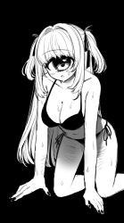 Rule 34 | 1girl, all fours, azen (mntimcczgrtn), bikini, black background, blush, breasts, cyclops, feet out of frame, greyscale, hair intakes, hair ribbon, highres, large breasts, long hair, looking at viewer, monochrome, nail polish, one-eyed, open mouth, original, ribbon, self-harm scar, side-tie bikini bottom, sketch, solo, sweat, swimsuit, two side up, very long hair
