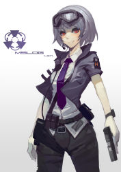 Rule 34 | 1girl, absurdres, belt, belt buckle, belt pouch, black soldier, buckle, cable, collared shirt, cowboy shot, cropped jacket, dress shirt, gloves, goggles, goggles on head, grey hair, gun, handgun, headset, highres, holding, holding gun, holding weapon, holster, jacket, necktie, open clothes, open jacket, original, pants, pistol, police, police uniform, policewoman, pouch, purple necktie, red eyes, shirt, short hair, short sleeves, simple background, smile, solo, thigh holster, thigh strap, trigger discipline, uniform, weapon, white background, white gloves, white shirt