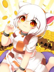 Rule 34 | 1girl, animal ears, bell, blush, brown eyes, calico, cat ears, cat girl, cat tail, coin, gold, goutokuji mike, highres, jingle bell, koruk700, multicolored clothes, multicolored shirt, multicolored skirt, multicolored tail, neck bell, patch, patchwork clothes, paw pose, short hair, skirt, solo, tail, touhou, white hair
