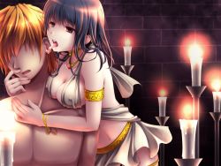 Rule 34 | 1boy, 1girl, arm around neck, arm around shoulder, armlet, black eyes, black hair, blonde hair, bracelet, breasts, brick wall, candle, cleavage, covered erect nipples, ear licking, fire, hair over eyes, hetero, hiiragi kuu, huge breasts, jewelry, licking, long hair, necklace, no eyes, open mouth, original, saliva, sleeveless, teeth, tongue, tongue out, topless male