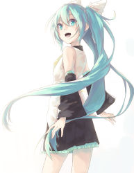 Rule 34 | 1girl, aqua eyes, aqua hair, detached sleeves, from behind, hatsune miku, highres, la-na, long hair, looking back, miniskirt, open mouth, skirt, solo, twintails, very long hair, vocaloid