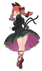 Rule 34 | 1girl, absurdres, animal ears, black bow, black dress, blush, bow, braid, brown footwear, cat ears, cat tail, collar, commentary request, dress, extra ears, fingernails, frilled collar, frilled sleeves, frills, full body, hair bow, highres, kaenbyou rin, long hair, looking at viewer, multiple tails, red eyes, red hair, serakawa, sharp fingernails, simple background, solo, tail, touhou, twin braids