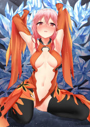 Rule 34 | 1girl, absurdres, armpits, arms up, black thighhighs, blush, bound, breasts, crystal, detached sleeves, guilty crown, hair between eyes, highres, jack dempa, kneeling, legs apart, leotard, long hair, looking at viewer, medium breasts, nose blush, open mouth, orange leotard, parted lips, pink eyes, pink hair, pussy juice, revealing clothes, solo, sweat, thighhighs, thighs, yuzuriha inori