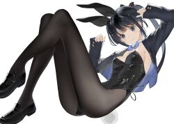 Rule 34 | 1girl, animal ears, black footwear, black hair, black jacket, black leotard, black pantyhose, blush, bow, bowtie, breasts, cropped jacket, detached collar, fake animal ears, fake tail, full body, grey eyes, highres, jacket, knees up, legs, leotard, loafers, long hair, long legs, long sleeves, medium breasts, nakamura takeshi, open clothes, open jacket, original, pantyhose, playboy bunny, ponytail, rabbit ears, rabbit tail, shoes, simple background, solo, strapless, strapless leotard, sweatdrop, tail, wavy mouth, white background