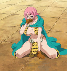 Rule 34 | 1girl, armor, bare legs, bikini armor, breasts, crying, dressrosa, female focus, gladiator, gloves, hat, highres, large breasts, long hair, one piece, pink hair, rebecca (one piece), screencap, solo, stitched, tears, third-party edit