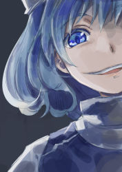 Rule 34 | 1girl, blue eyes, blue hair, blue theme, curly hair, grey background, hat, letty whiterock, short hair, simple background, smile, solo focus, touhou, yohane