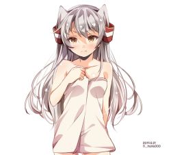 Rule 34 | 1girl, amatsukaze (kancolle), bad id, bad twitter id, bare shoulders, collarbone, commentary request, dated, hair tubes, hama ( hama000), highres, kantai collection, long hair, naked towel, one-hour drawing challenge, pout, silver hair, simple background, solo, towel, twitter username, two side up, upper body, white background, white towel