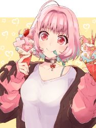 Rule 34 | &gt;:), 1girl, ahoge, belt collar, beroperone, blouse, blue hair, blush, bra strap, breasts, cheerios, collar, crepe, earrings, fang, food, fruit, hair intakes, heart, heart-shaped lock, heart collar, heart o-ring, ice cream, idol, idolmaster, idolmaster cinderella girls, jewelry, long sleeves, looking at viewer, medium breasts, multicolored hair, off-shoulder shirt, off shoulder, pill, pill earrings, pink collar, pink eyes, pink hair, pink sleeves, pocky, ribbon, shirt, smile, solo, star (symbol), strawberry, sweater, t-shirt, two-tone hair, upper body, utensil in mouth, v-neck, white shirt, wings, yellow background, yumemi riamu