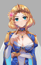 Rule 34 | 1girl, absurdres, akitsuki (oenothera), blonde hair, blue dress, blue eyes, blush, braid, breasts, choker, circlet, cleavage, closed mouth, commission, dress, fire emblem, fire emblem warriors, flower, fringe trim, glowing, grey background, hair flower, hair ornament, hairpin, highres, index finger raised, jewelry, juliet sleeves, large breasts, lianna (fire emblem), long sleeves, looking at viewer, nintendo, parted bangs, pixiv commission, puffy sleeves, queen, short hair, simple background, solo, sunflower, sunflower hair ornament, thinking, upper body, v-shaped eyebrows, wide sleeves