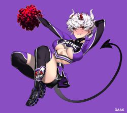 Rule 34 | 1girl, alternate costume, arm behind head, arm up, beelzebub (helltaker), black thighhighs, blush, breasts, cheerleader, cleavage cutout, clothing cutout, commentary, crop top, demon girl, demon horns, demon tail, gaak11977, grey hair, helltaker, holding, horns, large breasts, looking at viewer, over-kneehighs, parted lips, pom pom (cheerleading), purple background, red eyes, shirt, shoes, short hair, simple background, skindentation, solo, tail, thighhighs, underboob, underboob cutout, white hair, white horns